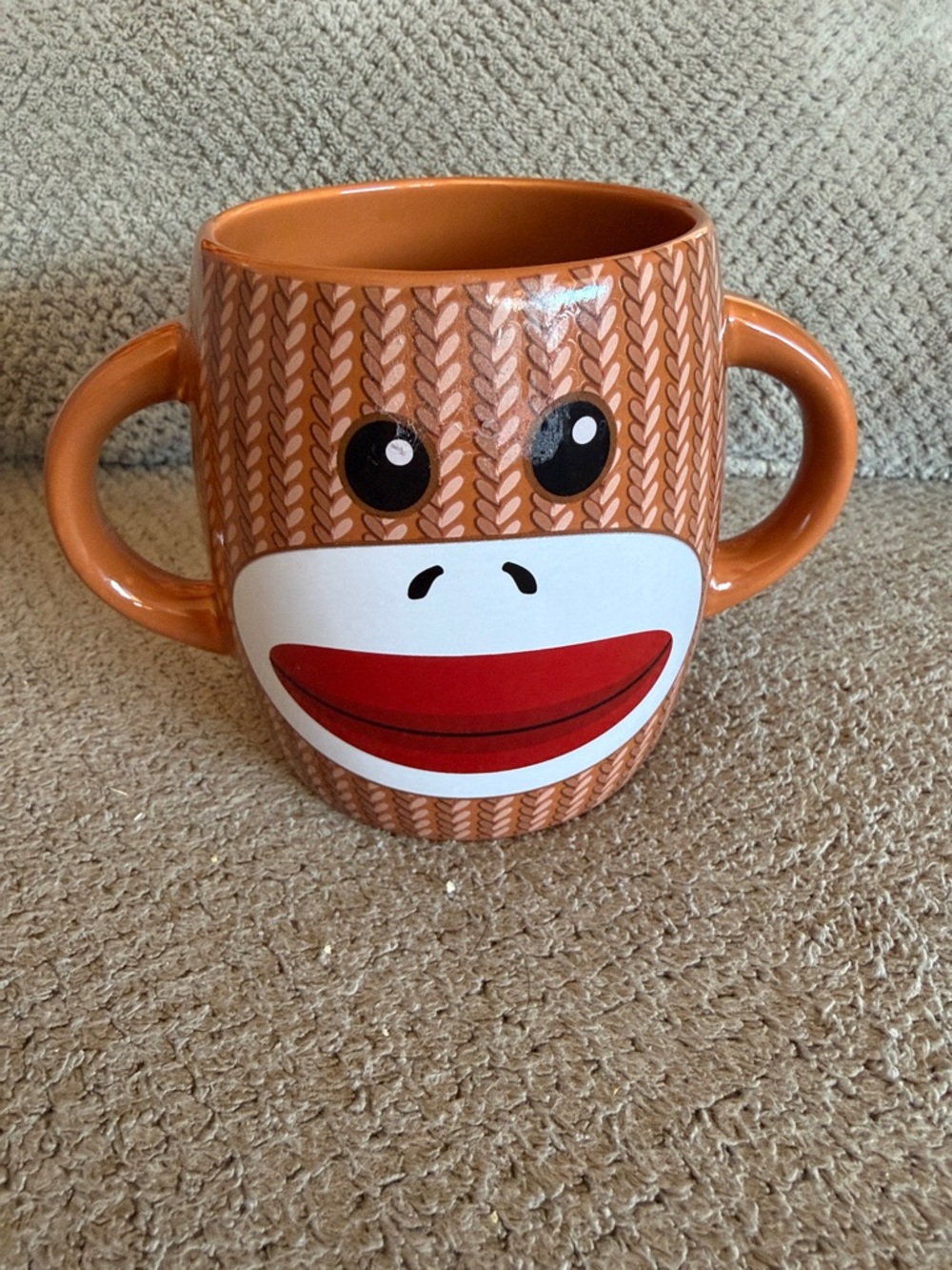 Whimsical Orange Double-Handle Ceramic Monkey Mug